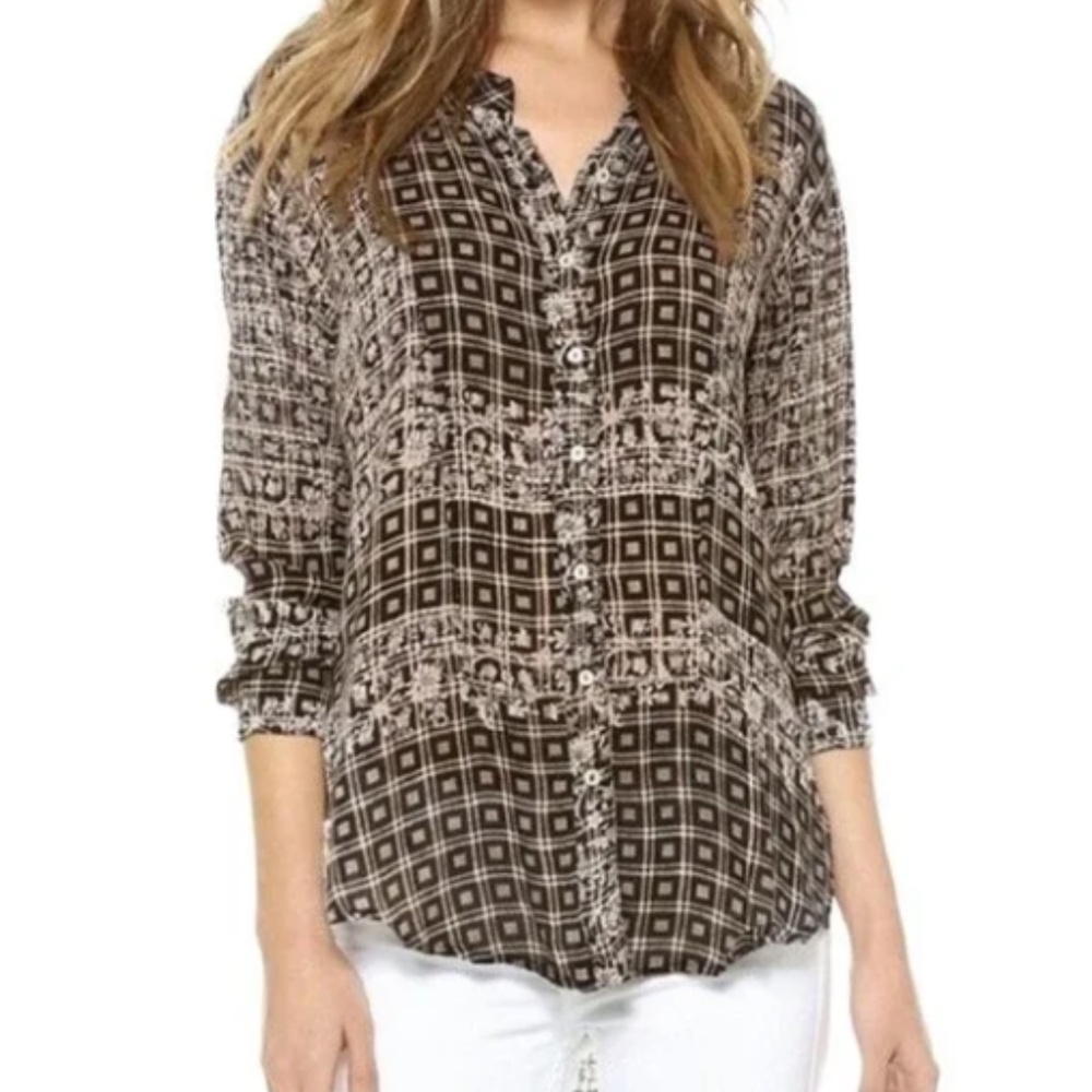Free People Caravan Shirt Long Sleeve Lightweight Beige and Black Small